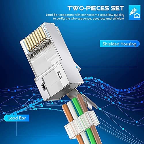 (Pack of 50) Rj45 Cat7 & Cat6A Crimping Connectors Rj45 8P8C Modular Plug Nickel Plated 3 Prong Shielded Ftp/Stp External Ground For 23 Awg 0.573mm Network Cable