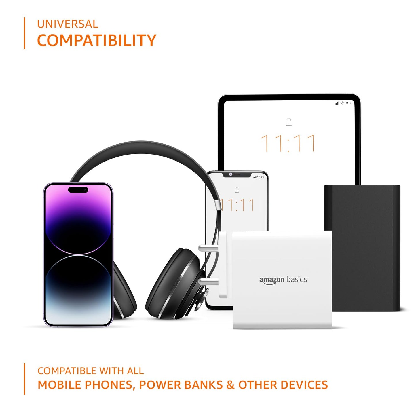 (Open Box) Amazon Basics 65W Triple Port GaN Charger | PD 3.0, QC3.0, QC4.0/PPS Fast Charging Ports | Compact Adapter with Foldable Pins | Compatible with All Flagship Apple/Android Phones and laptops