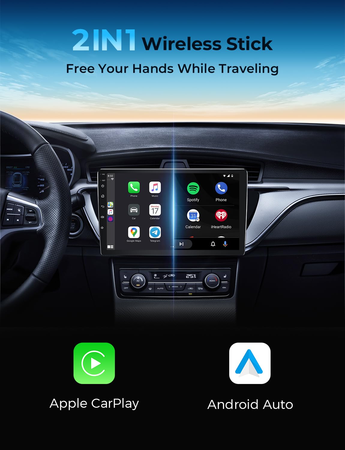 Wireless Carplay & Android Auto Adapter, 2 in 1 Wireless Carplay Adapter Convert Wired to Wireless for Cars, Extension Cable USB-A & USB-C/Type-C, Mini, Quick Connect, No Delay - Black