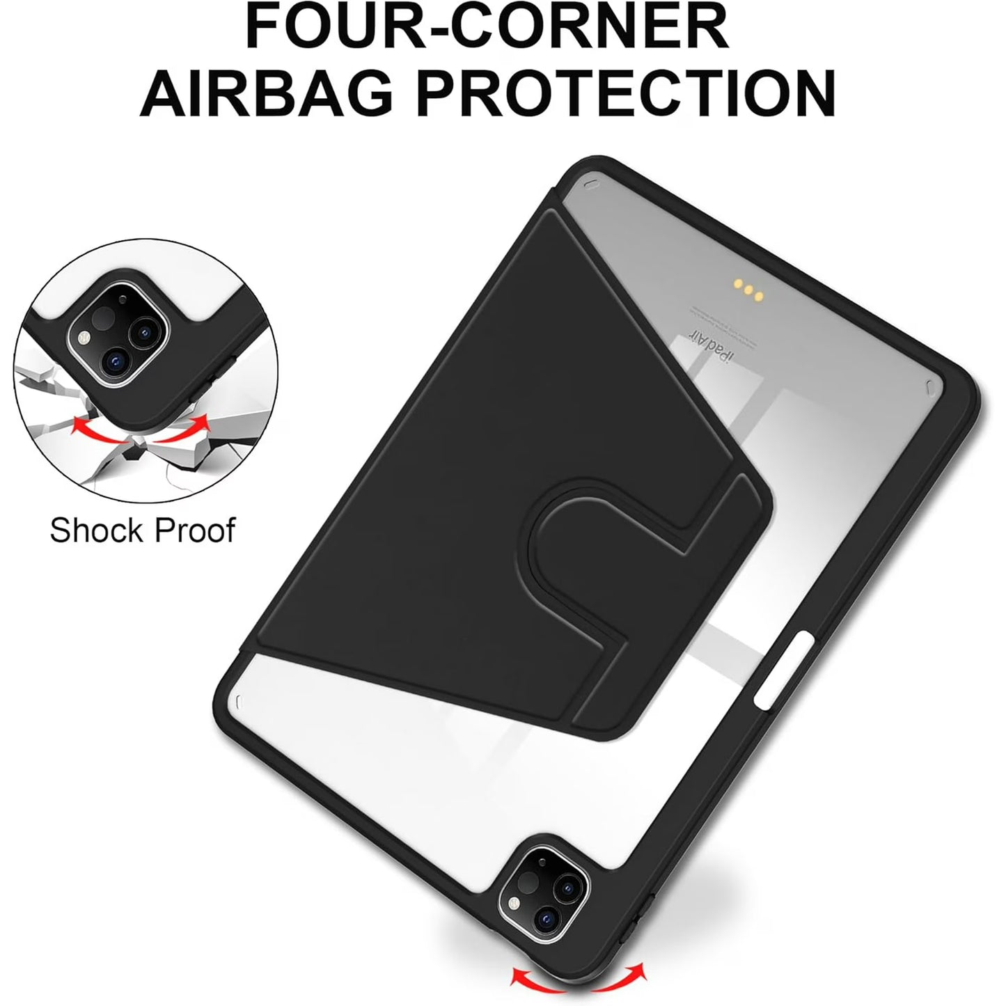 New 360° Rotation Transparent Case for iPad Air 11 inch M4/M3/M2 2026/2025/2024, Air 5th/4th Gen 10.9" & Pro 11 inch 2022 4th/3rd Gen case Cover, 360 Degree Rotatable Smart Flip Cover Transparent Back with Pencil Holder, Black