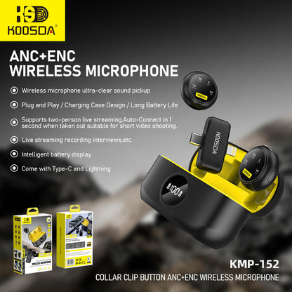 Koosda Wireless Magnetic Clip Button Microphone with ENC for YouTube | Dual Wireless Mic for iPhone & Android, 40H Battery, Noise Reduction Lavalier Mic for Video Recording, Singing, Interviews, Vlogs