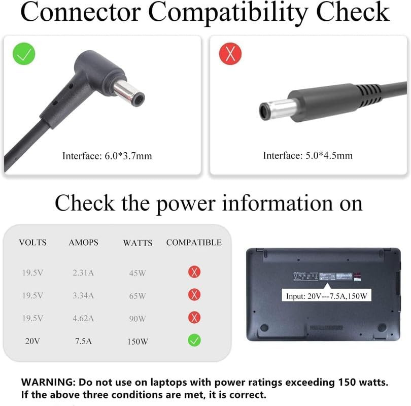 Asus 150W 20V 7.5A Laptop Charger Adapter AC Power Charger (Connector size:6.0*3.7mm)- Power Cable Included