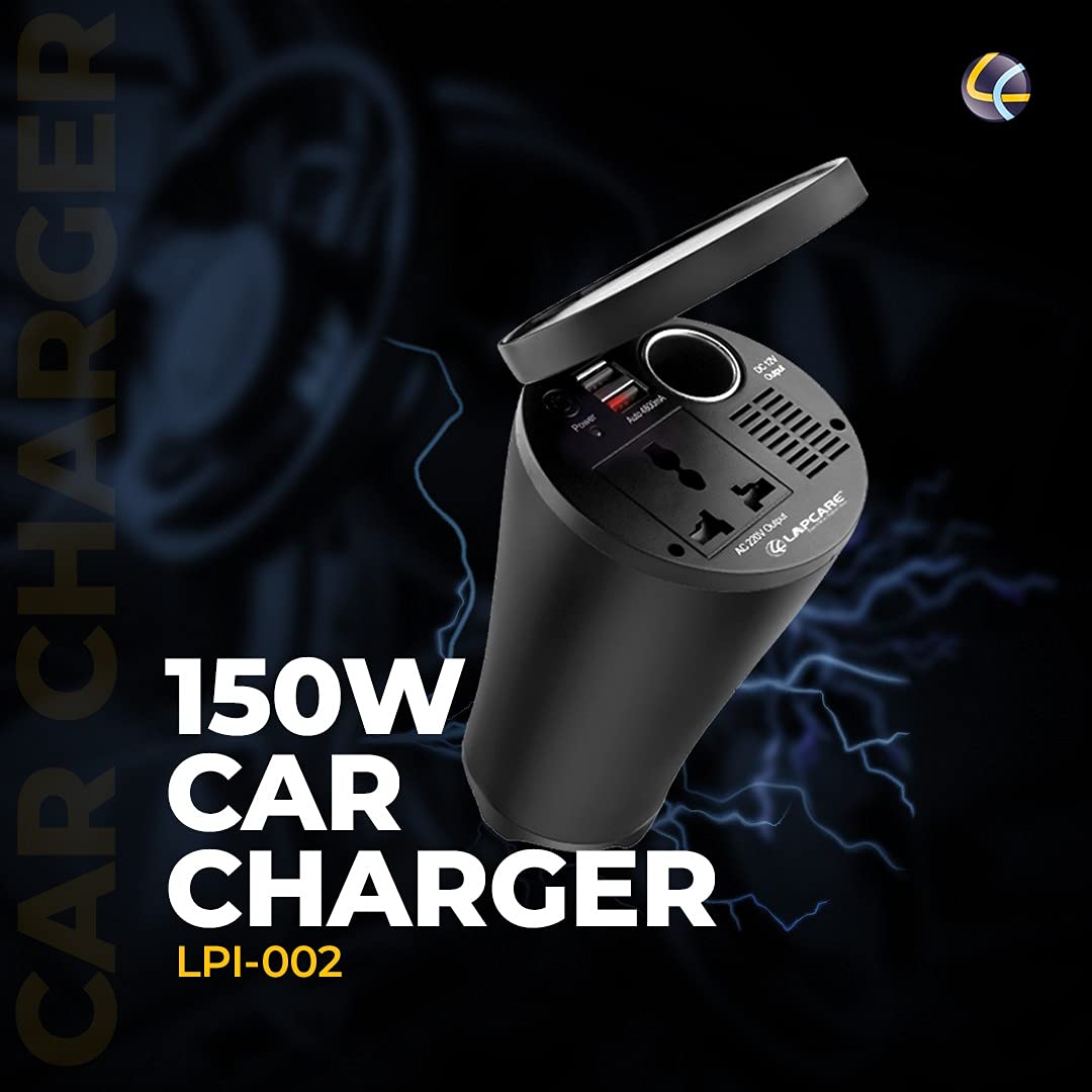 Lapcare 150W Portable Smart Car Charger with 1 X USB Port, 1 X Type-C PD Port.