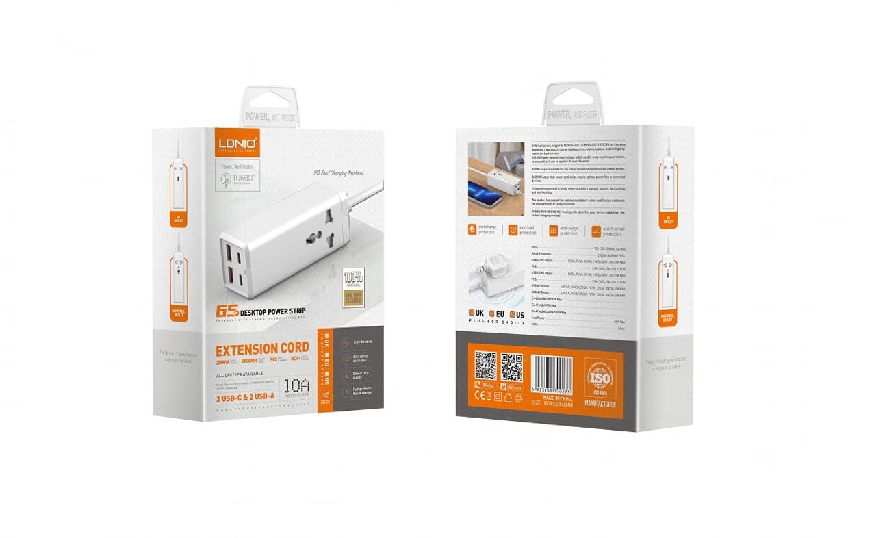 LDNIO 65W Pd Adapter Multifunctional 250 Volts Charger Power Strip - Charge Your Devices Quickly With Usb Ports, Type C, And 200Cm Extension Socket.