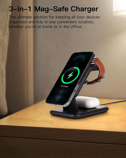 3-in-1 15W Magnetic Wireless Charger, for iPhone 12 / 13 / 14 Series / iWatch / AirPods Alloy+PC Desktop Charging Stand