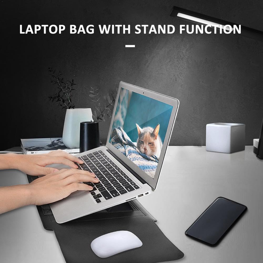 (Grey) Laptop Leather Sleeve with Case Stand Feature, Mouse and Charger case, Compatible with MacBook 13 inch 14 inch All Models