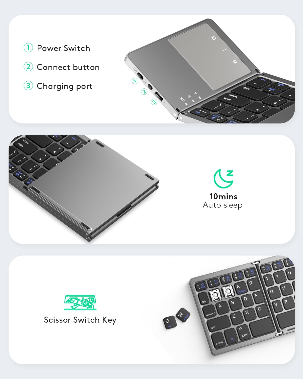 Foldable Bluetooth Keyboard with Touchpad - Portable Wireless Keyboard with Stand Holder, Rechargeable Full Size Ultra Slim Pocket Folding Keyboard for Android Windows IOS Tablet & Laptop-Gray