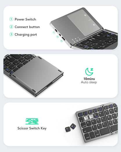 Foldable Bluetooth Keyboard with Touchpad - Portable Wireless Keyboard with Stand Holder, Rechargeable Full Size Ultra Slim Pocket Folding Keyboard for Android Windows IOS Tablet & Laptop-Gray