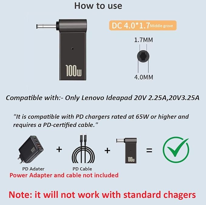 Hi-Lite Essentials Type C to Lenovo 4.0X 1.7MM Pin Laptop Charging Converter 100W for Lenovo IdeaPad Yoga Laptop Series, Chromebook(Does not work with Mobile Chargers)