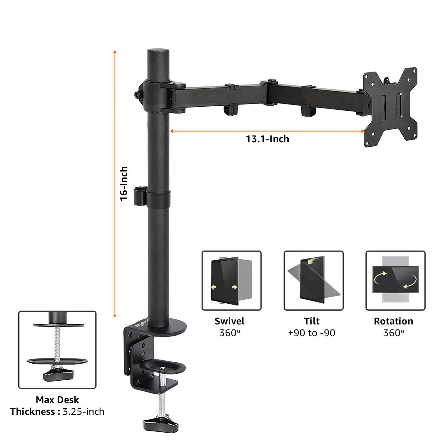 Hi-Lite Essentials Table Monitor Stand, Height Adjustable Arm Mountor Size 18" - 27"- Steel