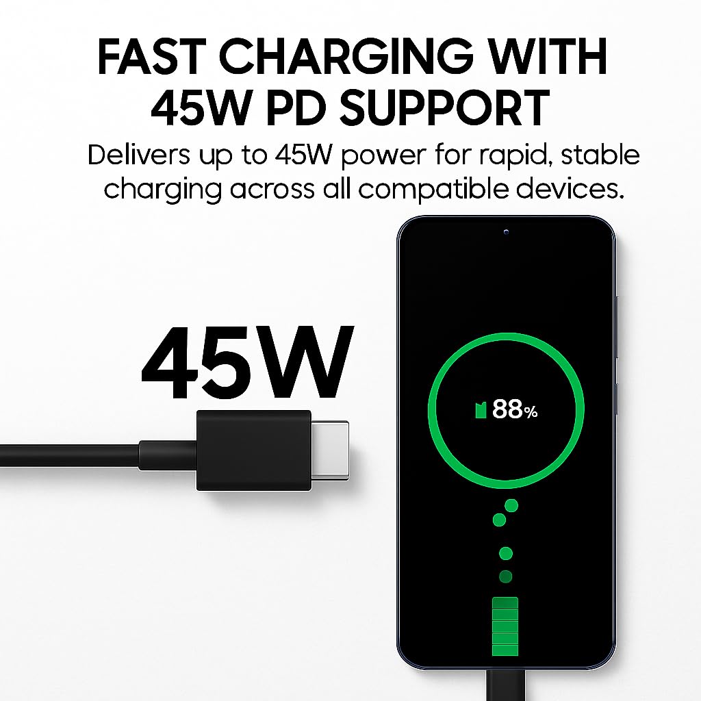 Samsung 45W Original Type C To Type C,Mobile Data Charging Cable For Samsung Galaxy Superfast Power Cable A54/ A15/ A14/ A34/ A23/ F54/ F34/ F23/ F14/ M14/ M34/M33/S21 Fe/S22/S23/S23 Fe 5G/S24, Black