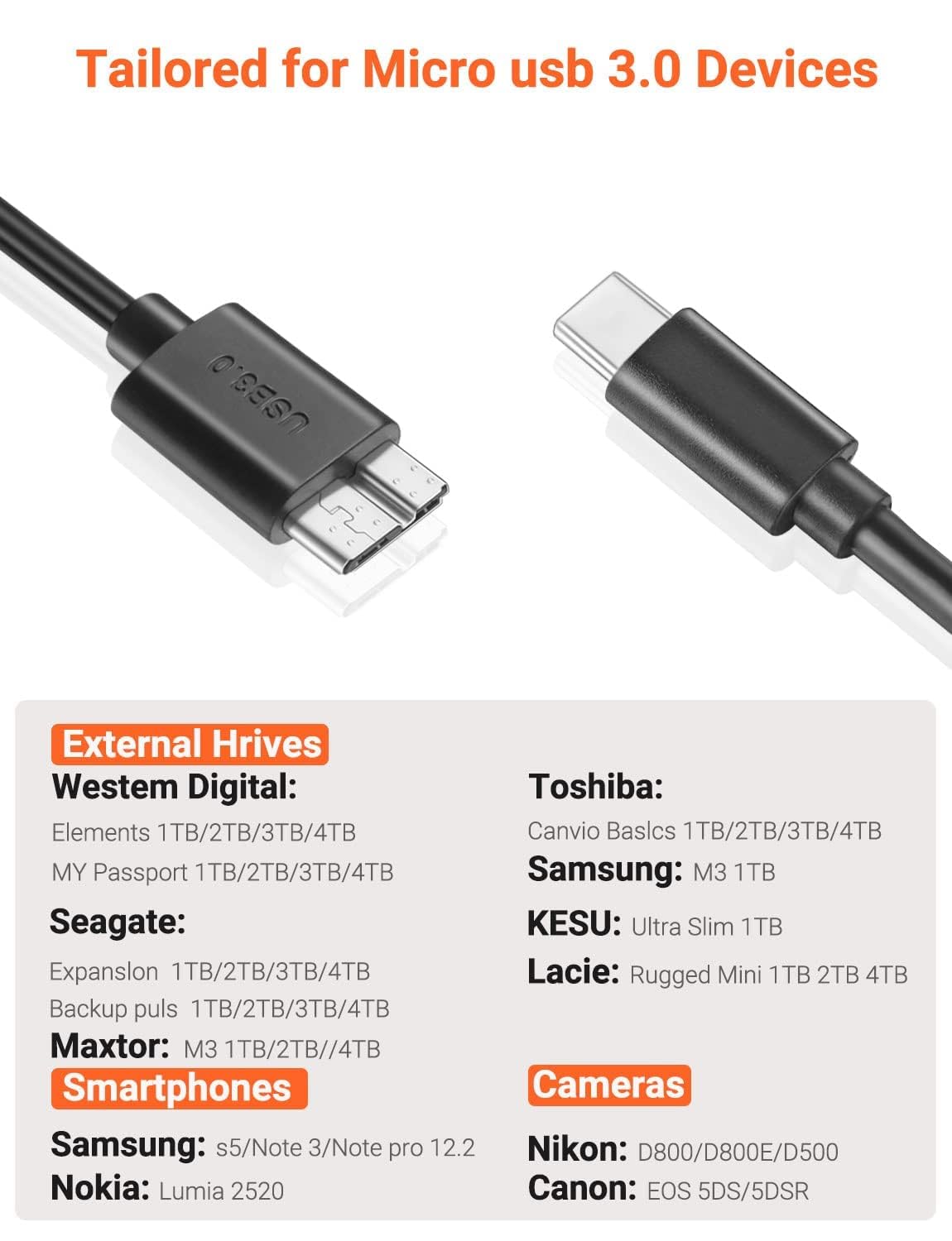 USB Type C to USB 3.0 External Hard Disk Cable, 10Gbps Fast Charging & Syncing Cord Compatible with Portable External Hard Drives WD, Seagate Expansion, Toshiba, LaCie, Maxtor, 50 CM