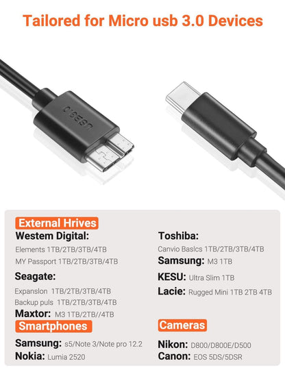USB Type C to USB 3.0 External Hard Disk Cable, 10Gbps Fast Charging & Syncing Cord Compatible with Portable External Hard Drives WD, Seagate Expansion, Toshiba, LaCie, Maxtor, 50 CM