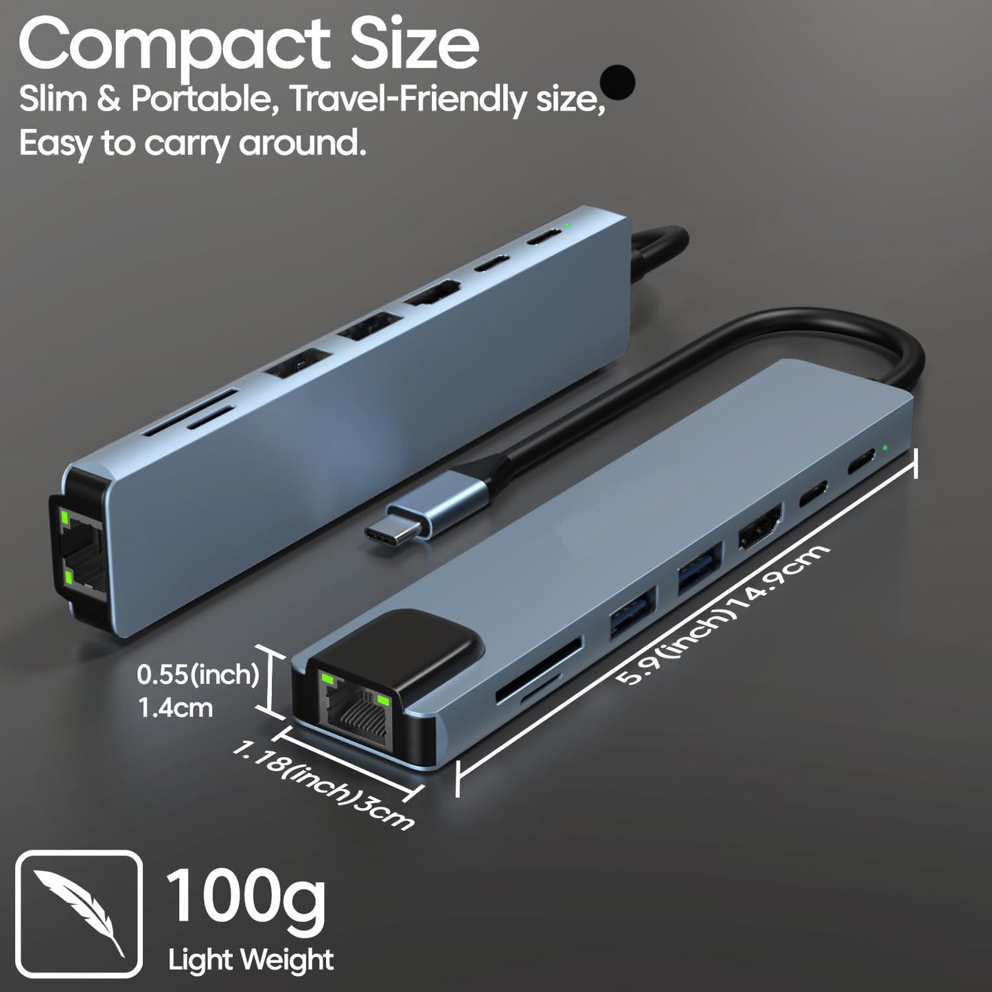 Hi-Lite Essentials 8-in-1 USB-C Hub Dock | Premium Aluminum Type-C Adapter with 4K HDMI, 100Mbps Ethernet, USB 3.0, 100W PD Charging, TF/SD Card Reader | Universal for Mac & Windows USB-C Devices