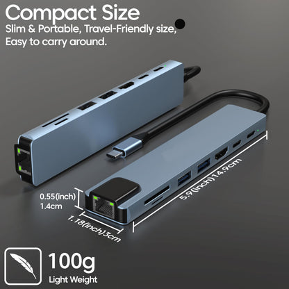 Hi-Lite Essentials 8-in-1 USB-C Hub Dock | Premium Aluminum Type-C Adapter with 4K HDMI, 100Mbps Ethernet, USB 3.0, 100W PD Charging, TF/SD Card Reader | Universal for Mac & Windows USB-C Devices