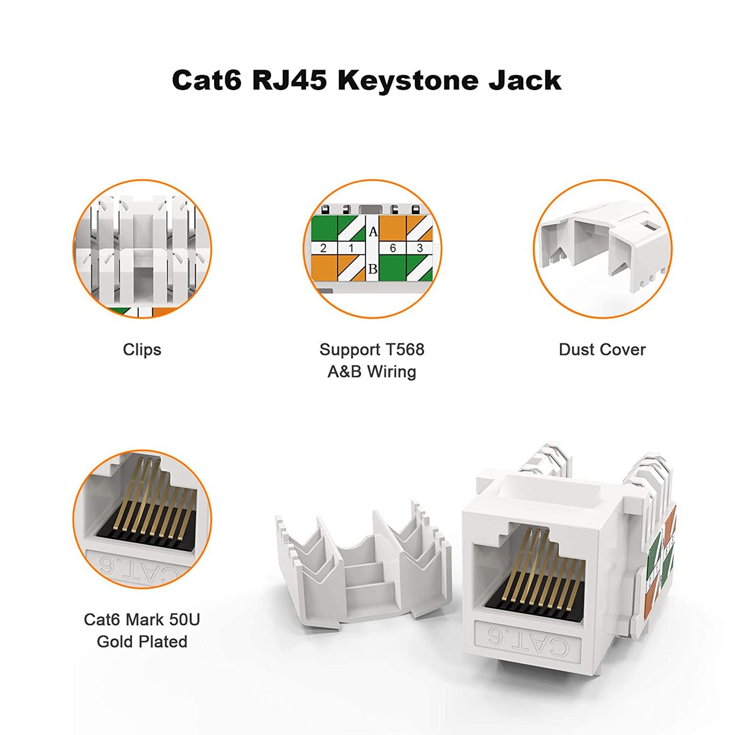 Hi-Lite Essentials Keystone RJ45 Connector, Cat6 Keystone Jacks Ethernet Cable Ends Keystone Modular Female Connectors Network Plug,White