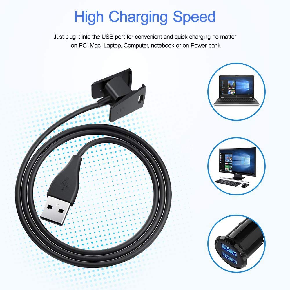 Hi-Lite Essentials USB Charger Dock Cable Compatible With Fitbit Charge 2 / Charge 2 Hr And Charging Adapter - Black