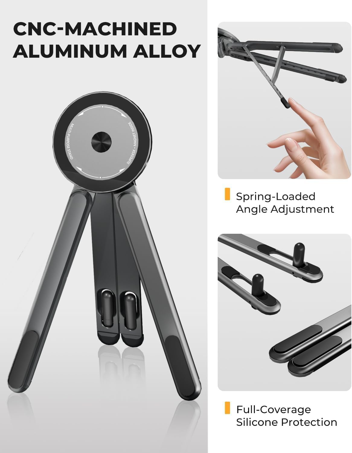 Metallic Portable Stand for Laptop/iPhone/iPad | Magnetic Phone Tripod Stand, 3-in-1 Adjustable Holder for iPhone iPad Laptop, 8-Level Height & Angle, Portable Aluminum Alloy Desktop Stand, Compatible with 4-13” iPhone, 10-16” Laptops & Tablets