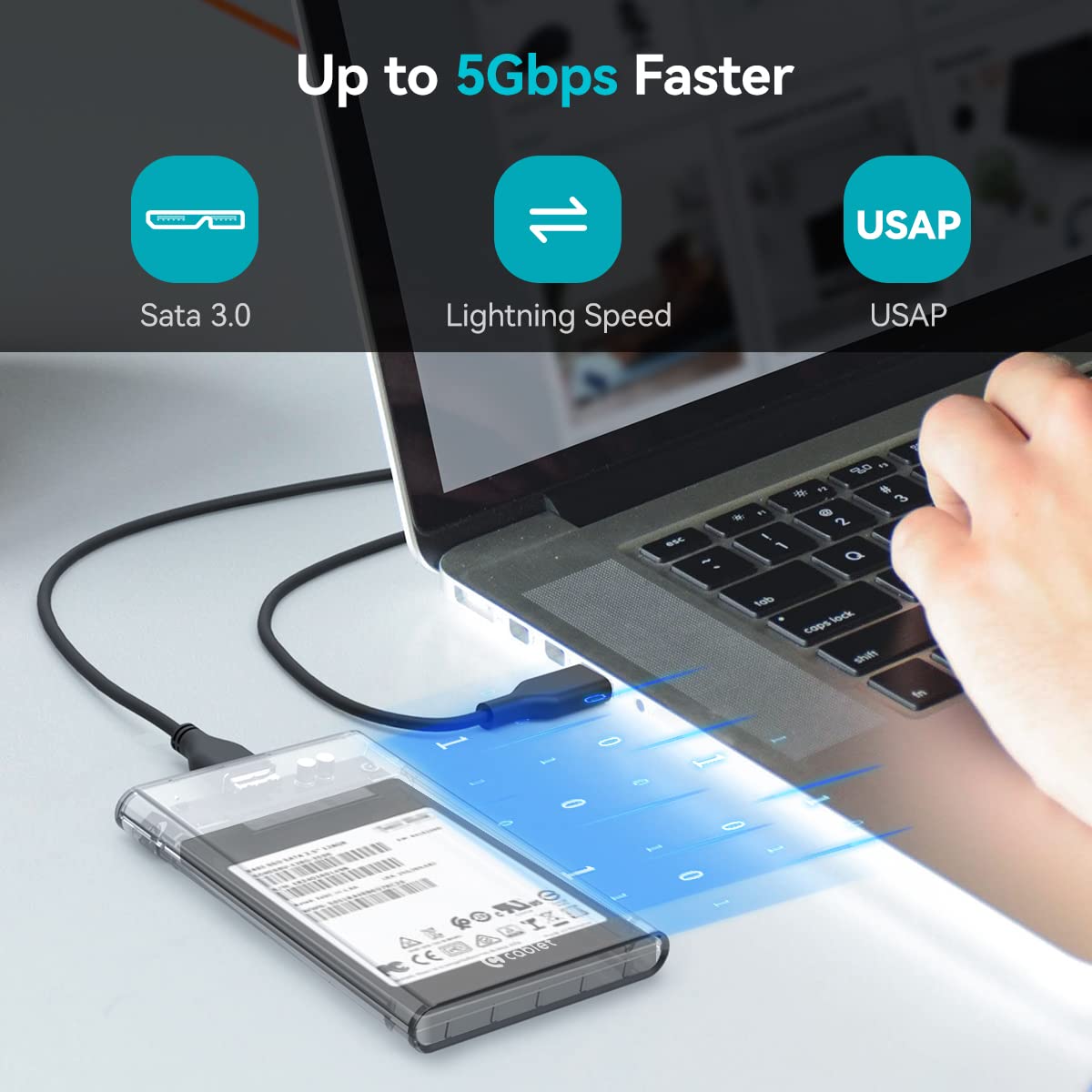 External Portable USB 3.0 to SATA Transparent Hard Drive Enclosure for 2.5 Inch SATA HDD/SSD below 9.5mm Thickness, Supports UASP SATA III, Max 6TB, Tool-Free Design