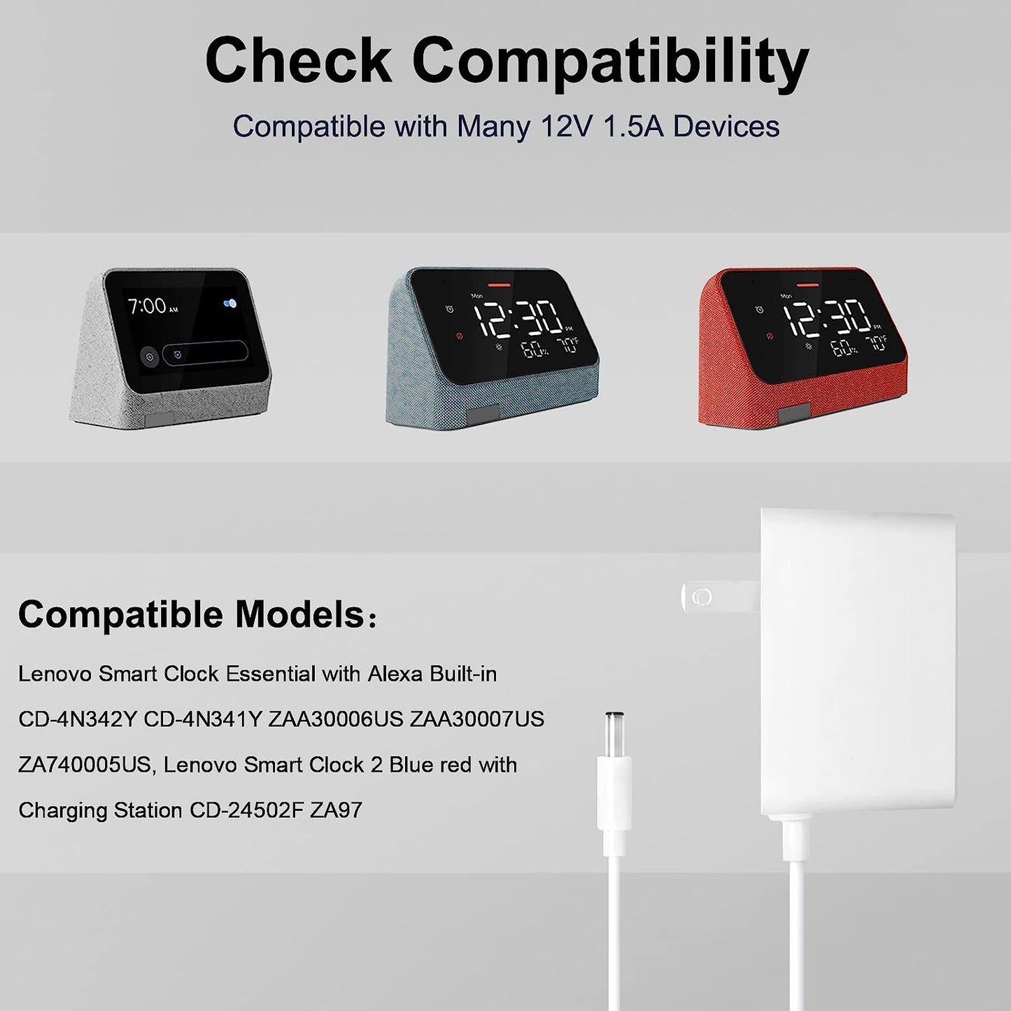 Hi-Lite Essentials Power Adapter 12V for Lenovo Smart Clock Essentials and Lenovo Smart Clock 2 - Check Model in images