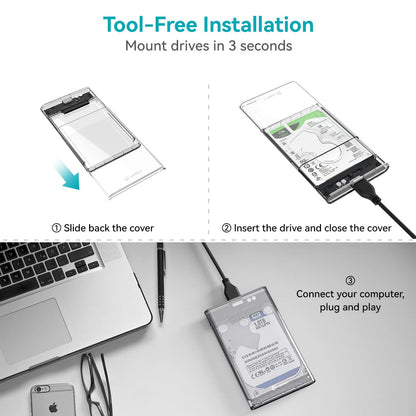 External Portable USB 3.0 to SATA Transparent Hard Drive Enclosure for 2.5 Inch SATA HDD/SSD below 9.5mm Thickness, Supports UASP SATA III, Max 6TB, Tool-Free Design