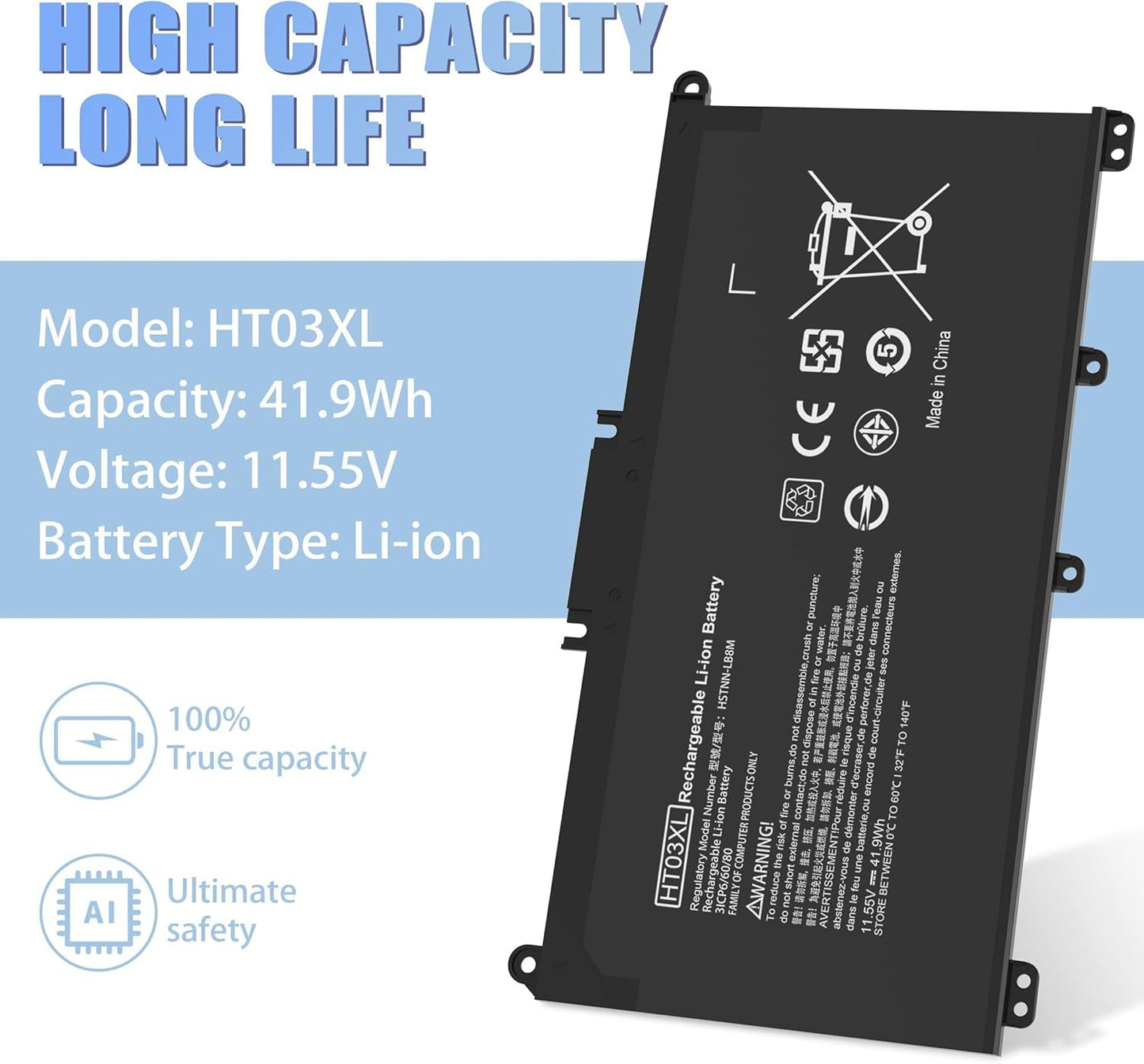 OEM Laptop Battery HP HT03XL for Hp Pavilion Hstnn-15-Da0053Wm, 15-Da0002Dx, 14M-Dh1003Dx, 15-Da0012Dx, Db8R, Db8S, Ib80, Ib8O, Lb8L, Lb8M, Ht03Xl