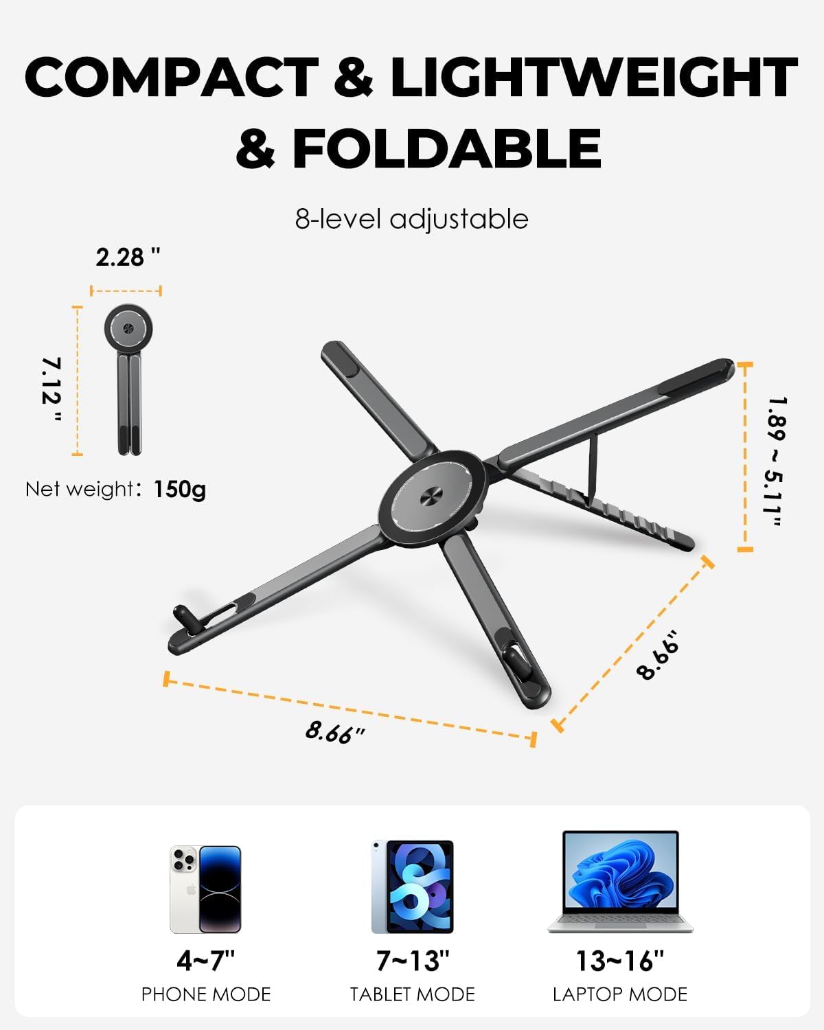 Metallic Portable Stand for Laptop/iPhone/iPad | Magnetic Phone Tripod Stand, 3-in-1 Adjustable Holder for iPhone iPad Laptop, 8-Level Height & Angle, Portable Aluminum Alloy Desktop Stand, Compatible with 4-13” iPhone, 10-16” Laptops & Tablets