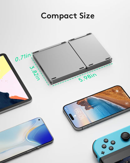 Foldable Bluetooth Keyboard with Touchpad - Portable Wireless Keyboard with Stand Holder, Rechargeable Full Size Ultra Slim Pocket Folding Keyboard for Android Windows IOS Tablet & Laptop-Gray