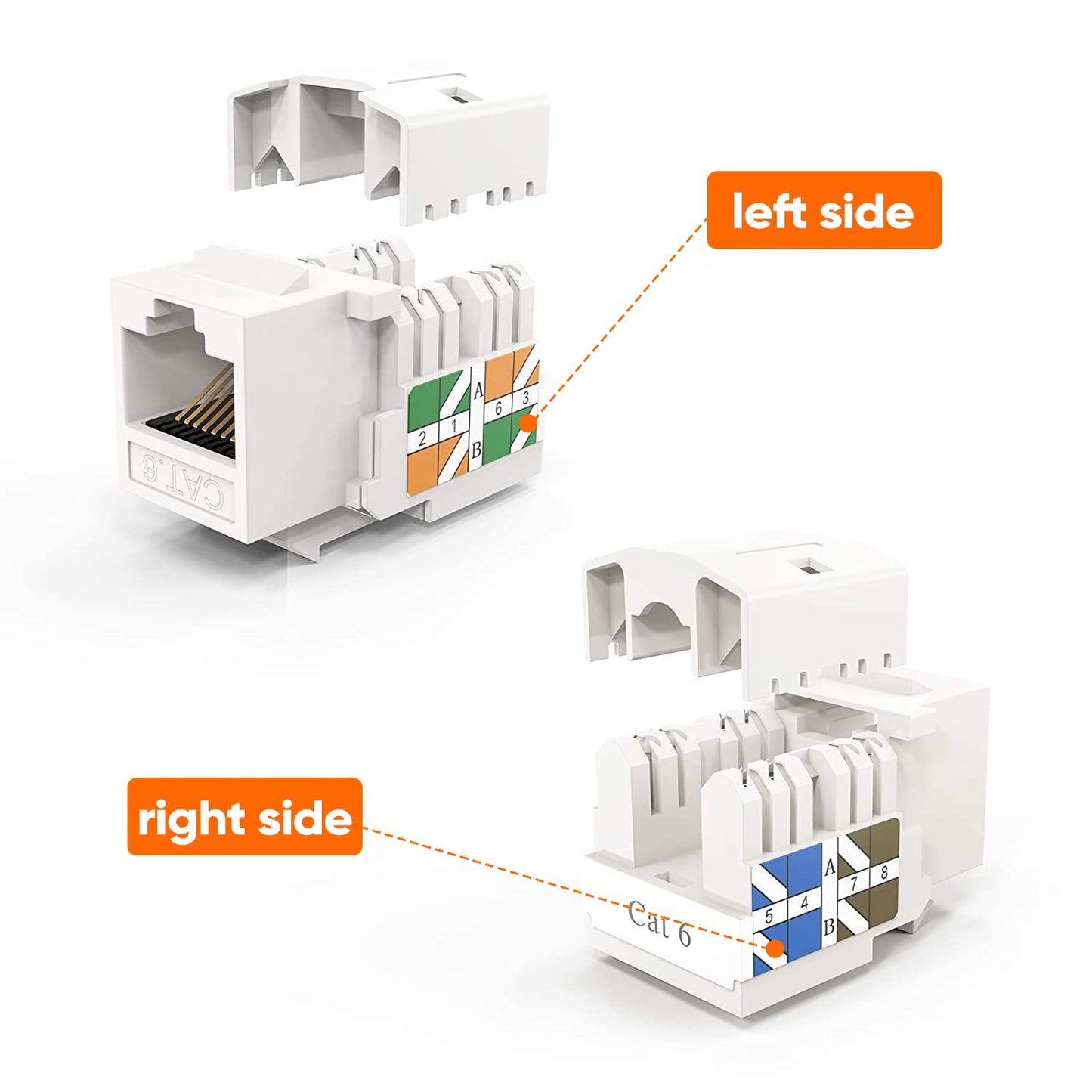 Hi-Lite Essentials Keystone RJ45 Connector, Cat6 Keystone Jacks Ethernet Cable Ends Keystone Modular Female Connectors Network Plug,White