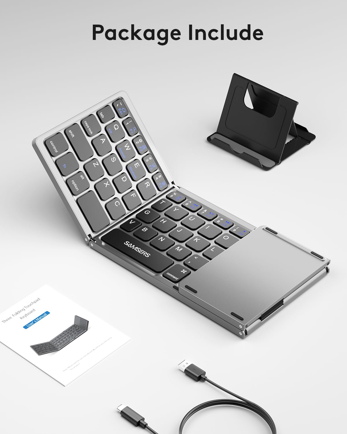 Foldable Bluetooth Keyboard with Touchpad - Portable Wireless Keyboard with Stand Holder, Rechargeable Full Size Ultra Slim Pocket Folding Keyboard for Android Windows IOS Tablet & Laptop-Gray