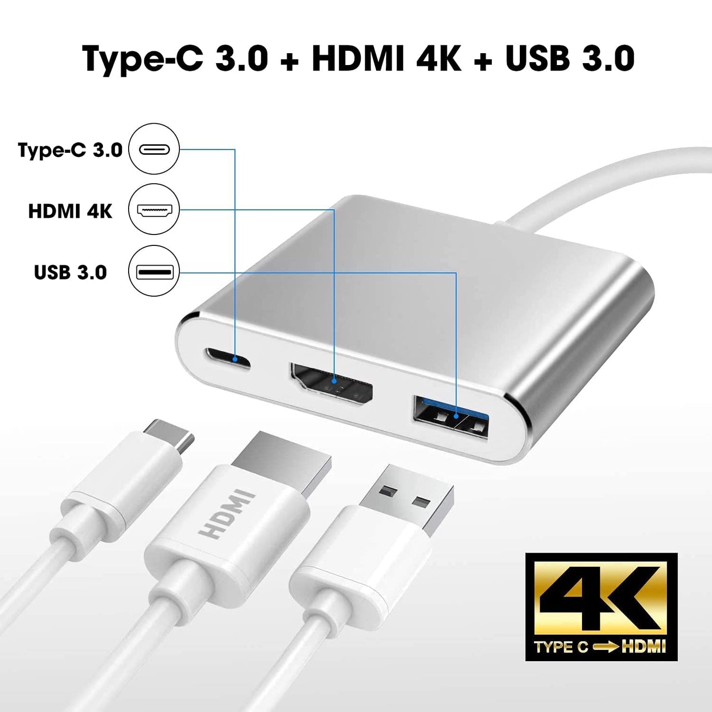 Hi-Lite Essentials 3 in 1 USB-C Hub,Type C to 4K HDMI Output,PD Charging Port, USB 3.0 USB C Hub for MacBook Pro, MacBook Air M1, C Enabled Device (3 in 1)