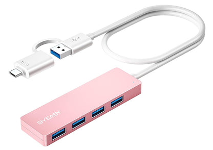BYEASY USB Hub, USB 3.1 C to USB 3.0 Hub with 4 Ports and 2ft Extended Cable, Ultra Slim Portable USB Splitter for MacBook, Mac Pro/Mini, iMac, Ps4, PS5, Surface Pro, Flash Drive, Samsung(Pink)