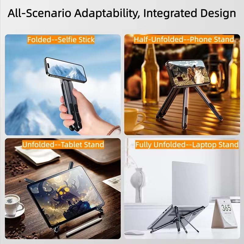 Metallic Portable Stand for Laptop/iPhone/iPad | Magnetic Phone Tripod Stand, 3-in-1 Adjustable Holder for iPhone iPad Laptop, 8-Level Height & Angle, Portable Aluminum Alloy Desktop Stand, Compatible with 4-13” iPhone, 10-16” Laptops & Tablets