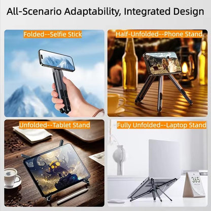 Metallic Portable Stand for Laptop/iPhone/iPad | Magnetic Phone Tripod Stand, 3-in-1 Adjustable Holder for iPhone iPad Laptop, 8-Level Height & Angle, Portable Aluminum Alloy Desktop Stand, Compatible with 4-13” iPhone, 10-16” Laptops & Tablets