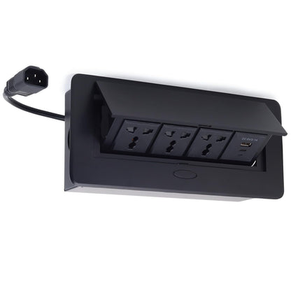 Hydraulic Pop UP Box Cable Cubby Extension Board with 3 x Universal Power Sockets, 1 x USB Type C & 1 x USB A Ports (Black)