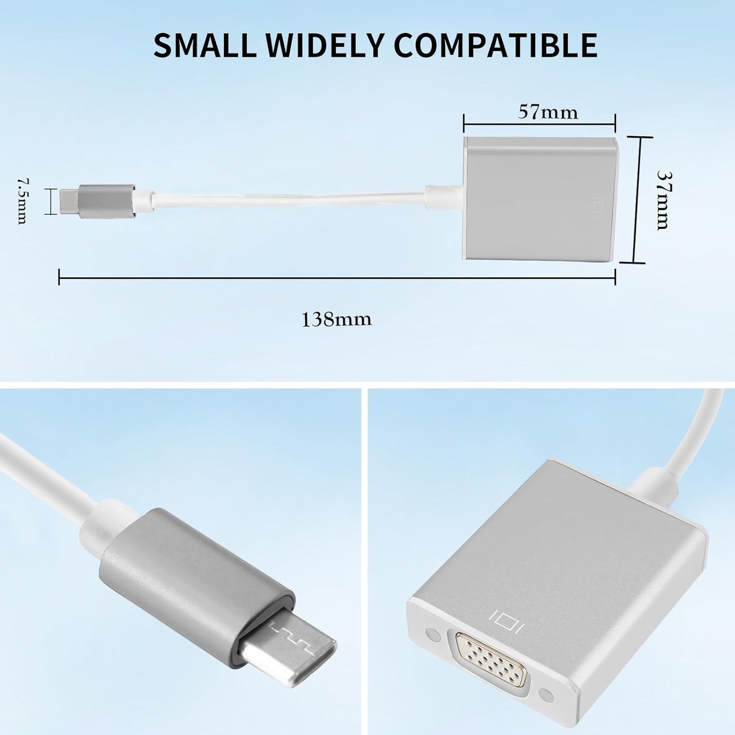 USB C to VGA Adapter Cable for Monitor, Compatible with MacBook Pro, MacBook Air, iPad Pro, Phone, Projector, Laptop (Silver, 7in)