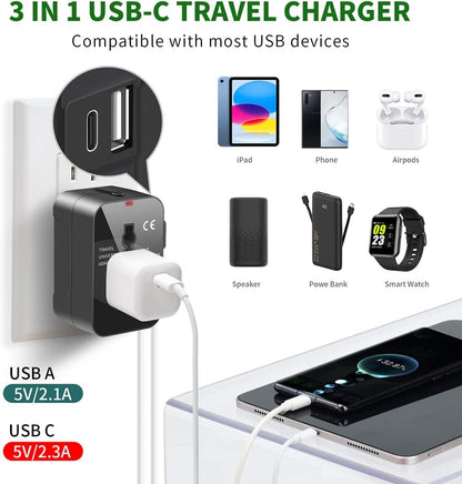 Universal World Wide Travel Adapter Plug With Type C USB Charging Ports 2.4A Type C & 2.4A USB-A Ports travel adapter for Phone, Laptop, Mobile, Camera, Tablet