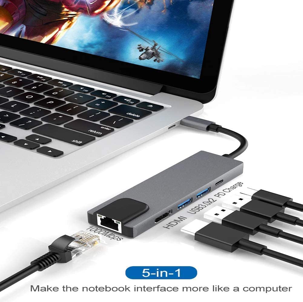 Hi-Lite Essentials 5 in 1 Type C Adapter, USB C to HDMI, Ethernet (RJ45), USB 3.0 Multiport Adapter, Type C 4k HDMI Port, Type C LAN Port, 5 in 1 Type C Network Adapter