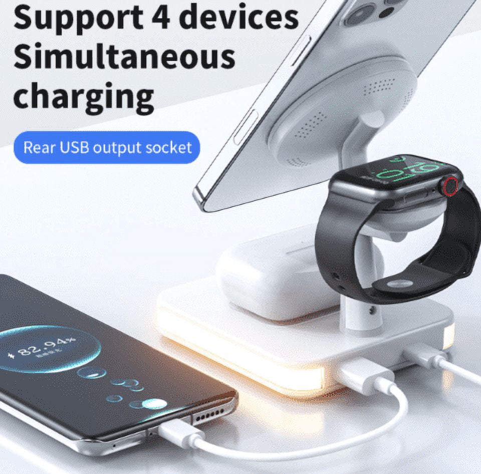 4-in-1 Magnetic Wireless Charger Stand Dock for iPhone 12 / 13 / 14 Series / iWatch / AirPods Alloy+PC Desktop Charging Stand