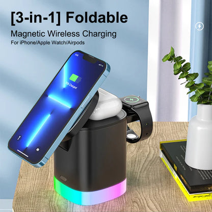 T15 3 in 1 Magnetic Wireless Charger Folding Charging Stand for iPhone iWatch AirPods Cordless Charging Station with RGB Light