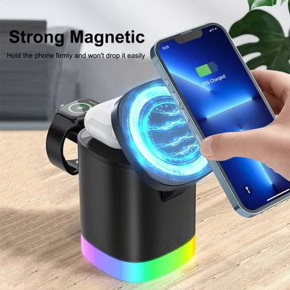 T15 3 in 1 Magnetic Wireless Charger Folding Charging Stand for iPhone iWatch AirPods Cordless Charging Station with RGB Light