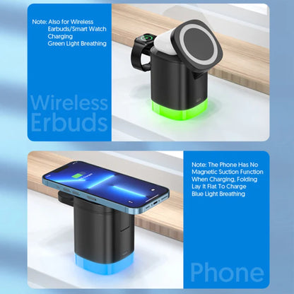 T15 3 in 1 Magnetic Wireless Charger Folding Charging Stand for iPhone iWatch AirPods Cordless Charging Station with RGB Light