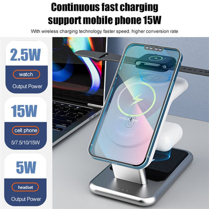 3-in-1 15W Magnetic Wireless Charger, for iPhone 12 / 13 / 14 Series / iWatch / AirPods Alloy+PC Desktop Charging Stand