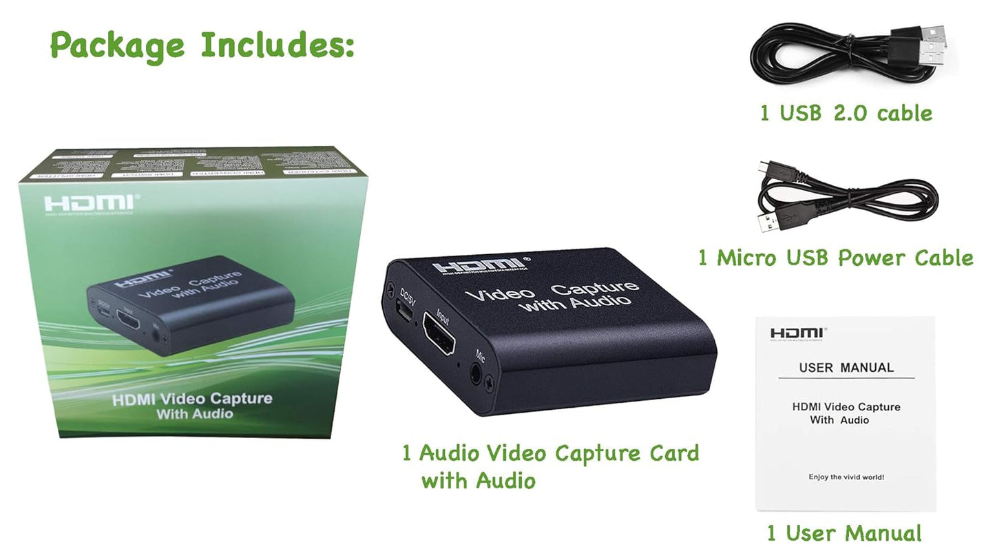 Video Capture Card with Audio,4K Live Streaming HDMI Video Game Capture Grabber Recording Device with Mic Input and Stereo Audio Output for Full HD 1080P 60FPS Acquisition, Live Broadcasting