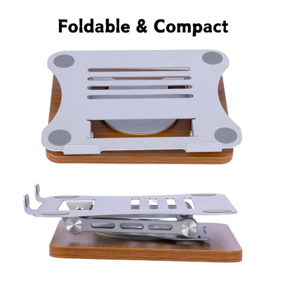 (Grey) Metal Laptop Stand | Mechanical Base Adjustable Height Notebook Stand | Compatible Portable Desktop Bamboo Aluminum and Wooden Portable Laptop Stand with 360 Rotating Lifting Base Holder