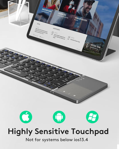 Foldable Bluetooth Keyboard with Touchpad - Portable Wireless Keyboard with Stand Holder, Rechargeable Full Size Ultra Slim Pocket Folding Keyboard for Android Windows IOS Tablet & Laptop-Gray