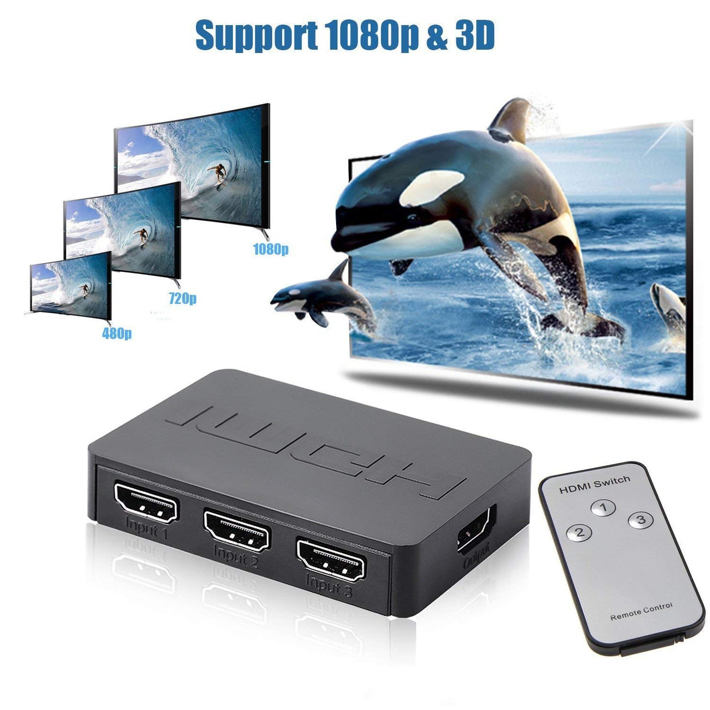 JSAUX 3 IN 1 OUT HDMI Switch with Wireless Remote, 3 Port in 1 Out Support 3D Full HD