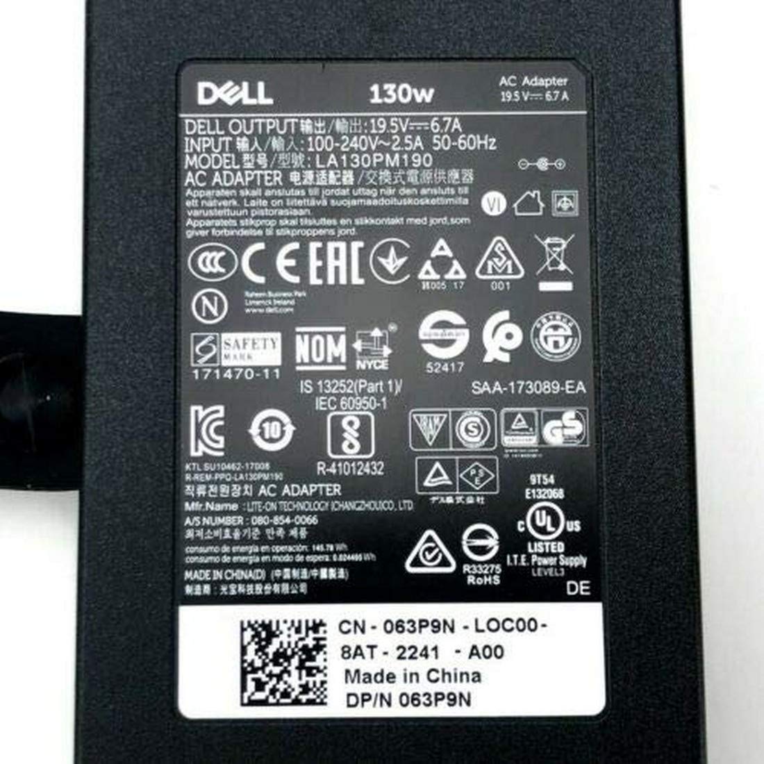 (Refurbished) Dell 130W  Slim 7.4 MM Pin Laptop Charger Adapter For Alienware, Inspiron 15, Latitude, Precision And Vostro 15 Models - Black Without Power Cord