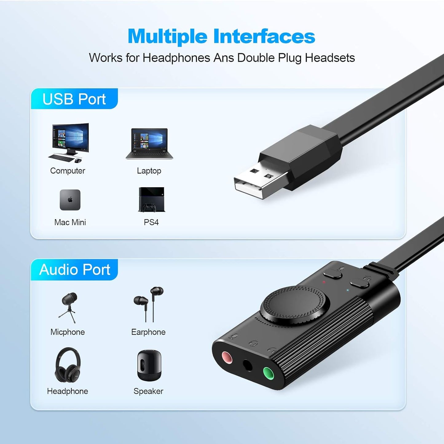 USB Sound Card, External Sound Card with Volume Control, USB to 3.5mm Jack Audio Adapter for Windows, Mac, PC, Laptop, Desktop, Headset, Switch and More, Plug & Play No Drivers Needed