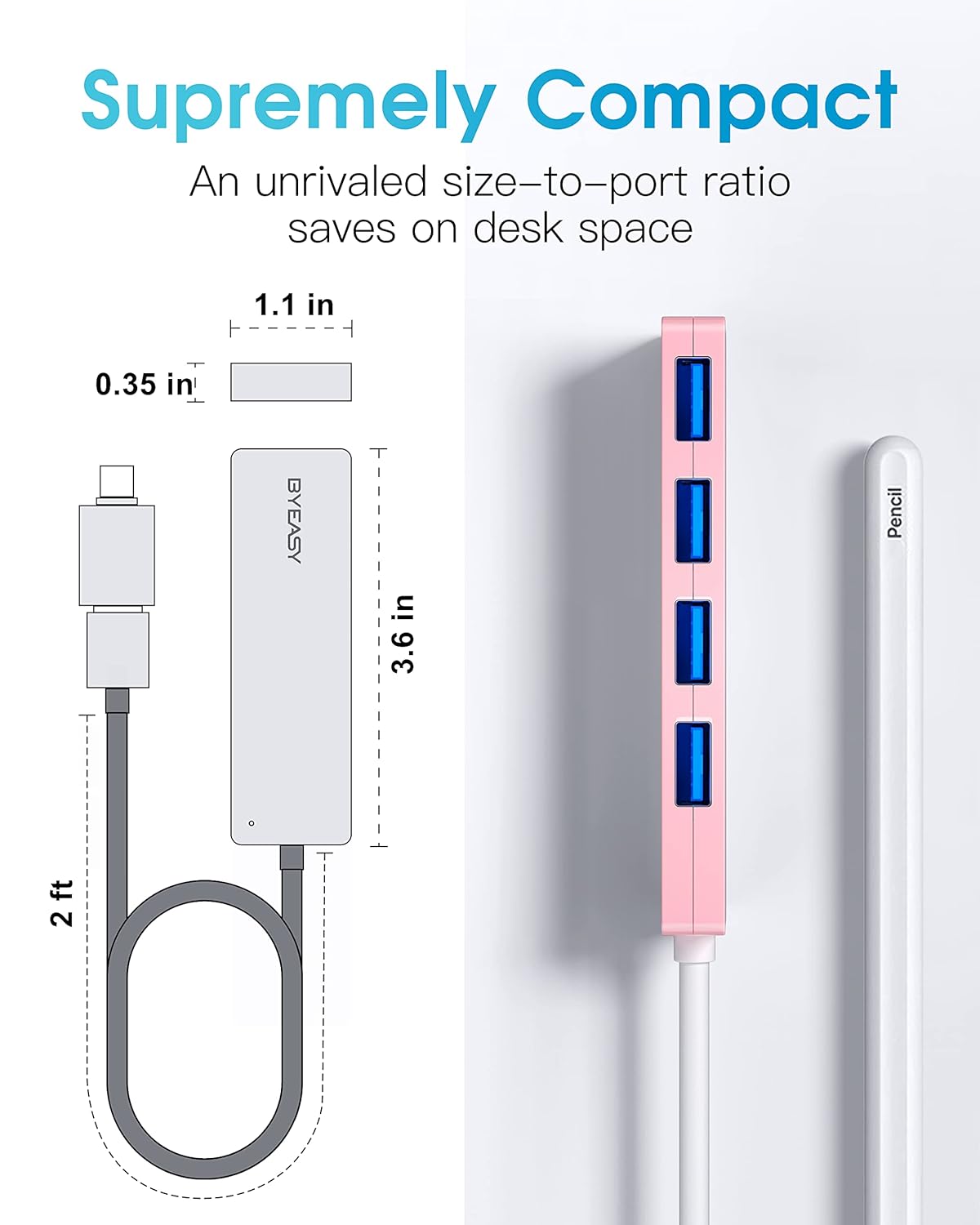 BYEASY USB Hub, USB 3.1 C to USB 3.0 Hub with 4 Ports and 2ft Extended Cable, Ultra Slim Portable USB Splitter for MacBook, Mac Pro/Mini, iMac, Ps4, PS5, Surface Pro, Flash Drive, Samsung(Pink)